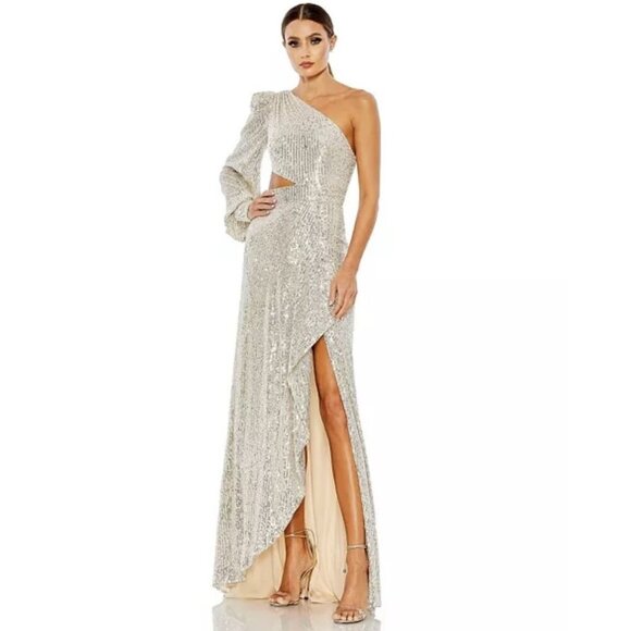 Ieena for Mac Duggal Dress Womens 2 Silver One Shoulder Sequin Gown Slit Formal - Picture 1 of 13